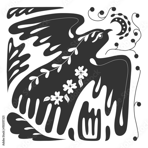  Folk ornamental bird and flowers. Best for greeting card. Template vector illustration.