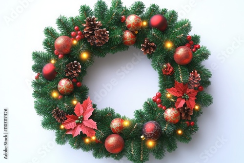 Christmas wreath decorated with red ornaments, poinsettias, pinecones, and glowing lights, perfect for festive themes, holiday decorations, and seasonal designs