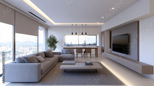 2409_023.3d rendering architectural visualization of a stylish modern living room for  luxury condo  front elevation view  advanced model full scene  800 mm  tint shift  elegant lighting with pendant