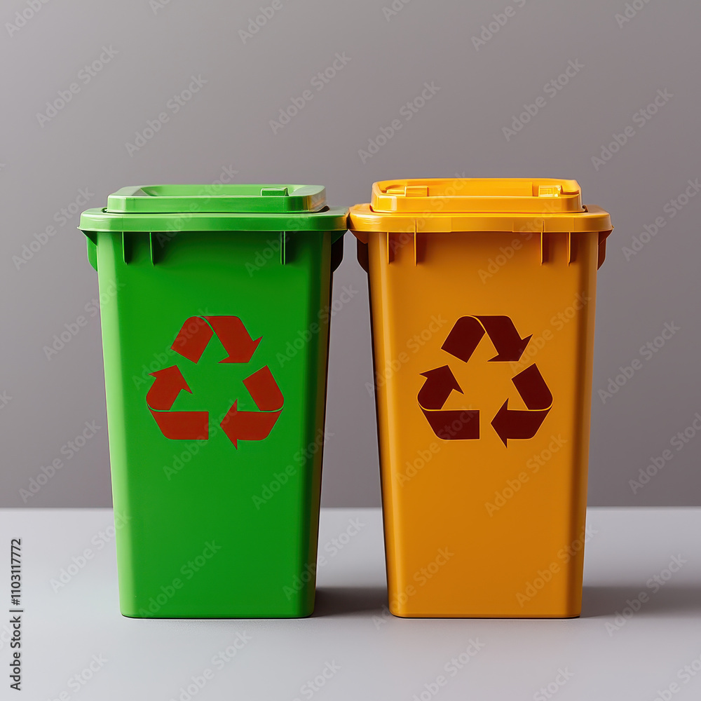 Recycling bins in clean minimalist workspace promote eco friendly practices. vibrant green and yellow colors enhance modern aesthetic while encouraging sustainability Recycling bins in clean minimalist workspace promote eco friendly practices. vibrant green and yellow colors enhance modern aesthetic while encouraging sustainability
