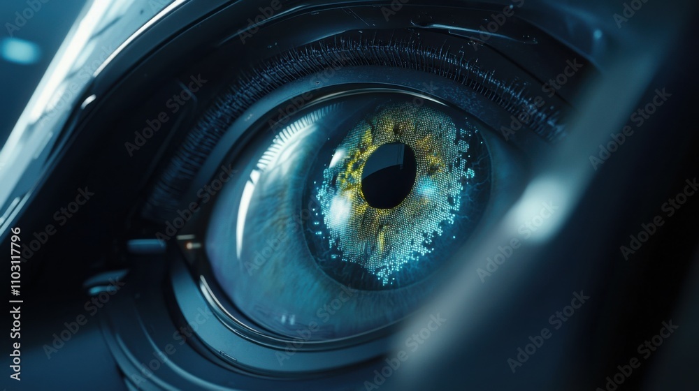 Close-Up of Futuristic Eye Displaying Intricate Details and Colors Close-Up of Futuristic Eye Displaying Intricate Details and Colors