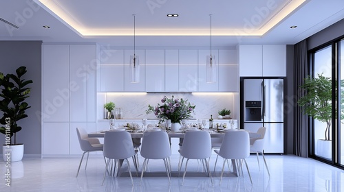 2409_032.3d rendering architectural visualization of a stylish modern dining area for  minimal townhome  front elevation view  advanced model full scene  800 mm  tint shift  elegant lighting with