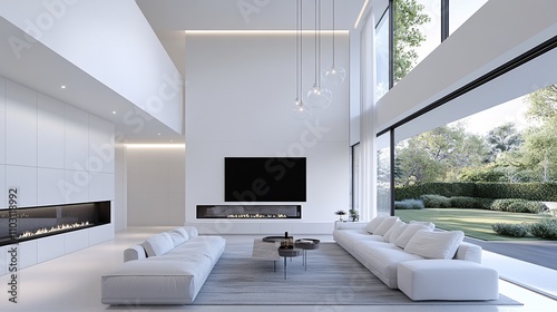 2409_044.3d rendering architectural visualization of a stylish modern family room for  minimal townhome  front elevation view  advanced model full scene  800 mm  tint shift  elegant lighting with