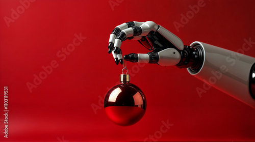 A robot hand holding a red Christmas ornament