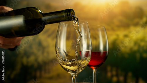 Obraz na plátně Close-up of white wine pouring into glass on vineyards , freeze motion
