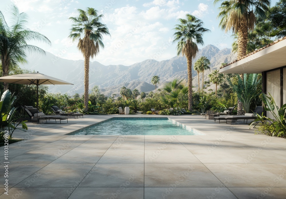 Luxurious Modern Resort Poolside Setting with Palm Trees Surrounded by Stunning Mountain Views Under a Bright Blue Sky and Scenic Landscape Luxurious Modern Resort Poolside Setting with Palm Trees Surrounded by Stunning Mountain Views Under a Bright Blue Sky and Scenic Landscape