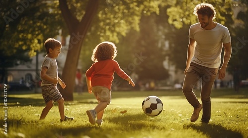 A happy family spending time together playing an exciting game of soccer in a picturesque park setting on a sunny day