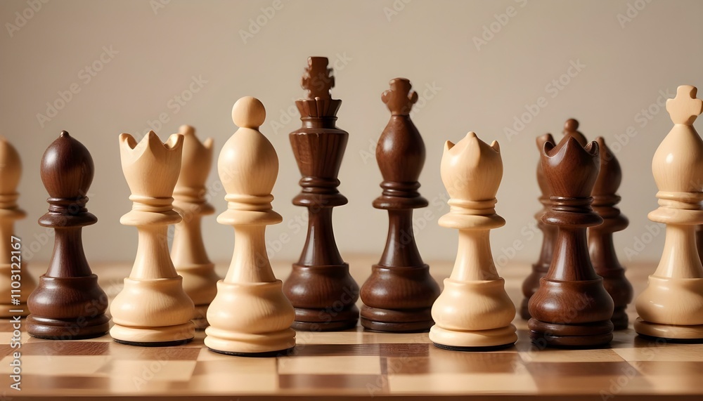 Un grupo de peones de ajedrez de madera que proyectan largas sombras sobre un fondo claro, sugiriendo el concepto de liderazgo, estrategia e influencia Un grupo de peones de ajedrez de madera que proyectan largas sombras sobre un fondo claro, sugiriendo el concepto de liderazgo, estrategia e influencia