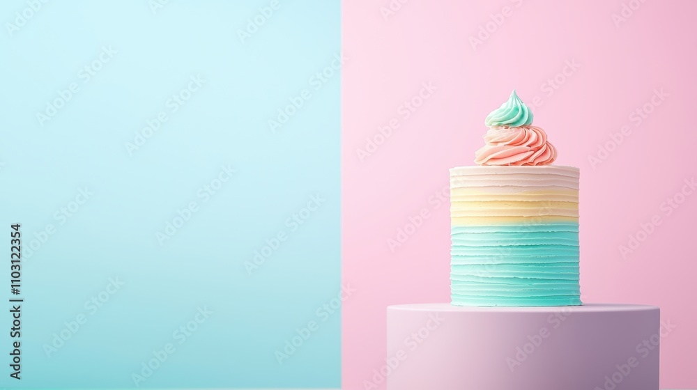 A food photography shot of a cake decorated with color blocked frosting, creating a visually striking and contemporary dessert.