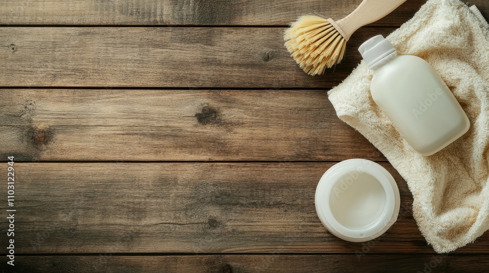 Natural Bath Products on Wooden Surface with Brush and Towel Natural Bath Products on Wooden Surface with Brush and Towel