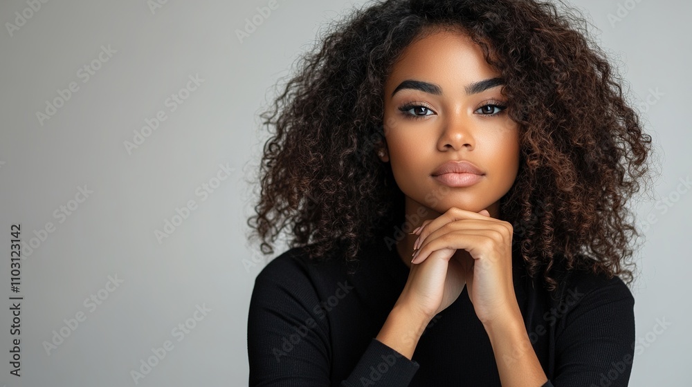 Thoughtful Young Woman with Curly Hair in Studio Pose Thoughtful Young Woman with Curly Hair in Studio Pose