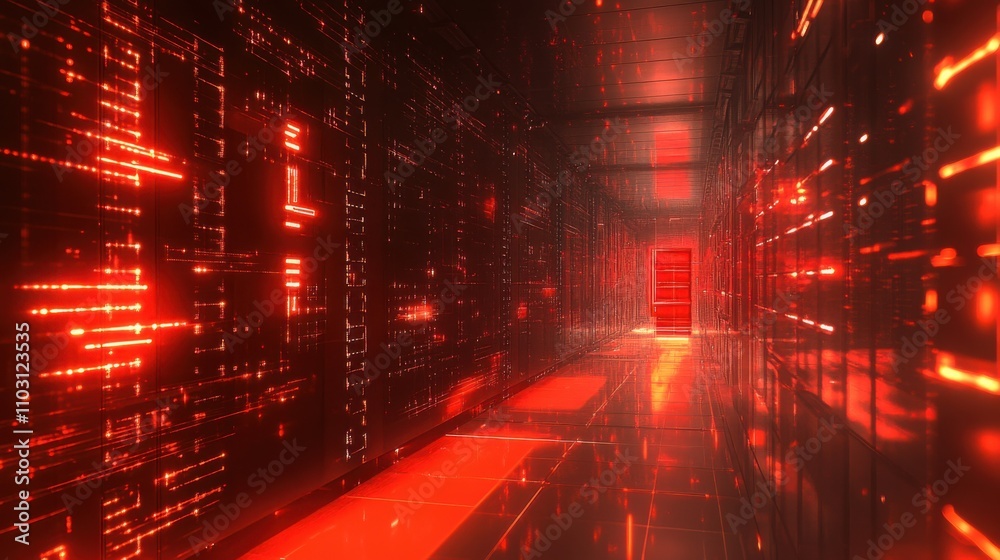 Fototapeta premium Futuristic Virtual Environment with Glowing Red Lights and Patterns