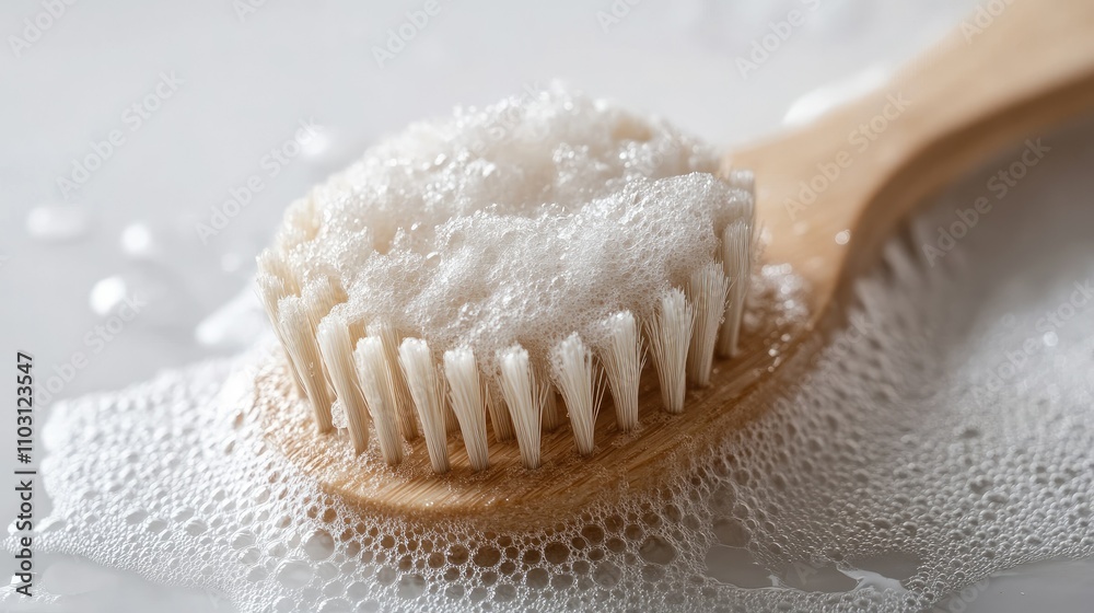 Wooden Brush with Foam and Bubbles for Cleaning Purposes Wooden Brush with Foam and Bubbles for Cleaning Purposes