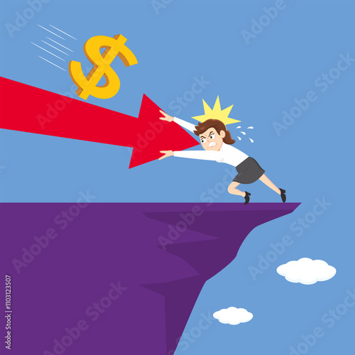  Cartoon Business woman tries to save red arrow Vector Illustration.