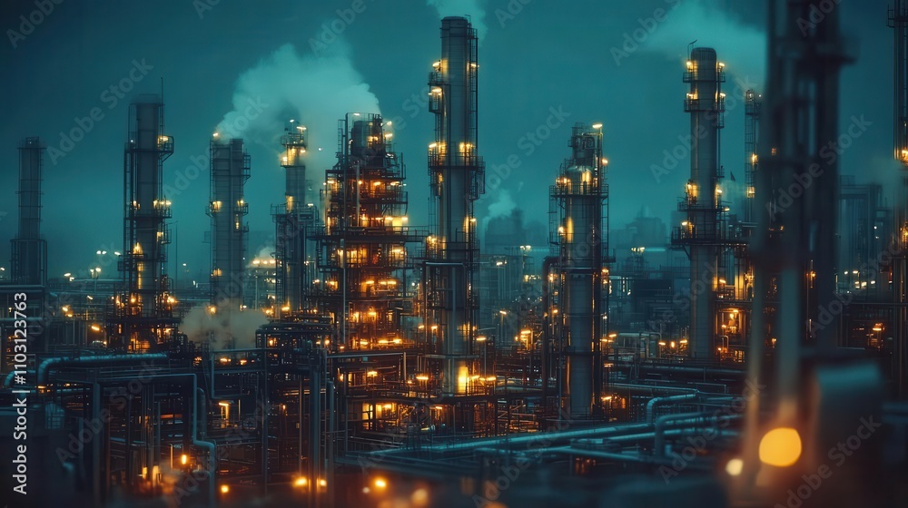 Illuminated industrial landscape at night, showcasing oil refineries and smoke billowing from tall chimneys Illuminated industrial landscape at night, showcasing oil refineries and smoke billowing from tall chimneys