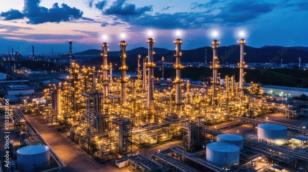 Fototapeta premium Illuminated oil refinery at twilight showcasing modern industrial architecture against a dramatic sky