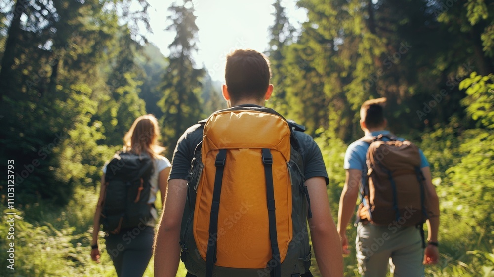 Obraz premium Hiking adventure with friends in lush forest nature exploration daytime viewpoint