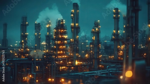 Wallpaper Mural Illuminated industrial landscape at night, showcasing oil refineries and smoke billowing from tall chimneys Torontodigital.ca