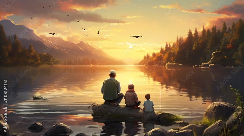 A serene lakeside setting where parents guide their kids through the joys of fishing fostering family bonding outdoor the passing down of a beloved tradition A serene lakeside setting where parents guide their kids through the joys of fishing fostering family bonding outdoor the passing down of a beloved tradition