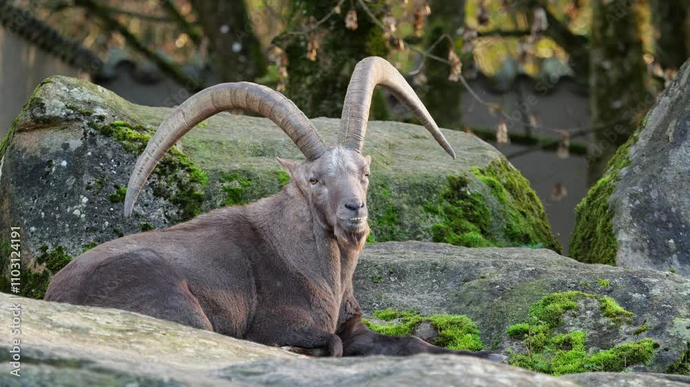 Male mountain ibex or capra ibex sitting on a rock in a german park Male mountain ibex or capra ibex sitting on a rock in a german park