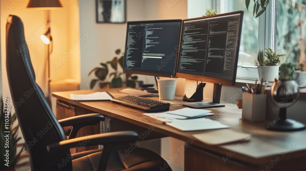 Home Office Setup with Dual Monitors Displaying Code, Realistic Image Home Office Setup with Dual Monitors Displaying Code, Realistic Image
