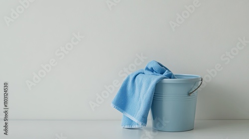 Blue Bucket with Soft Towel on Minimalist White Background