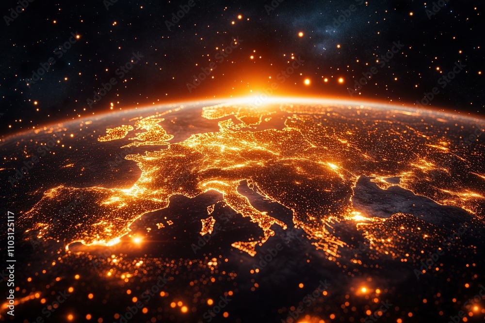 Europe glowing at night from space with vibrant orange lights Europe glowing at night from space with vibrant orange lights