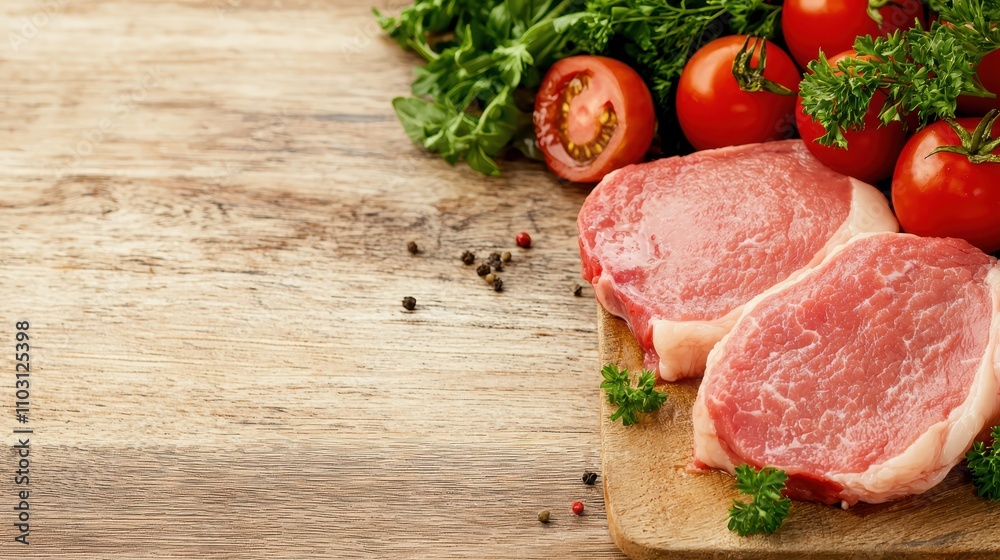Premium Beef Cuts on Chopping Block with Fresh Herbs and Seasonings for Cooking, Copy Space Premium Beef Cuts on Chopping Block with Fresh Herbs and Seasonings for Cooking, Copy Space