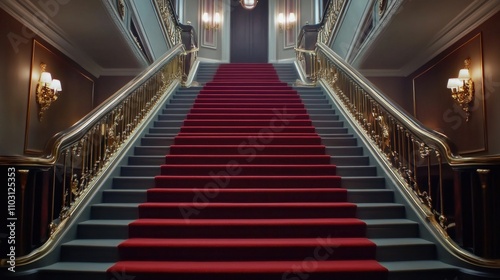 A sophisticated Hollywood Regency staircase with a luxurious red carpet runner