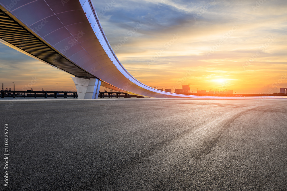 Asphalt road and bridge with sky clouds nature landscape at sunset. car background.
