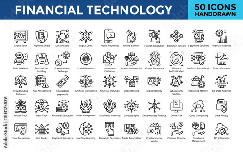 Financial Technology icon set with crypto vault, payment shield, data insights, digital coins, mobile payments, online banking, fintech revolution icon. Simple handdrawn vector 

