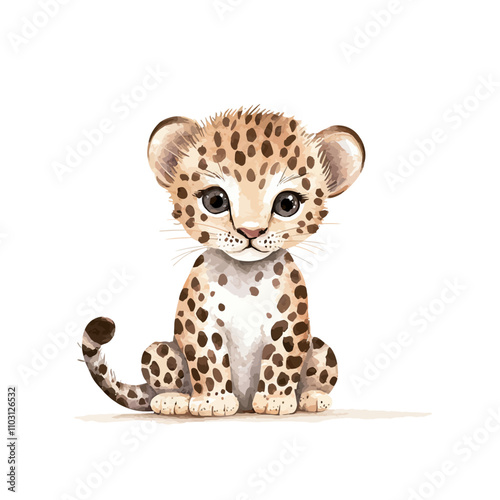 Adorable Leopard Cub: A sweet and innocent baby leopard cub with big, curious eyes, captured in a soft and whimsical watercolor style. This heartwarming illustration is perfect for nursery decor.