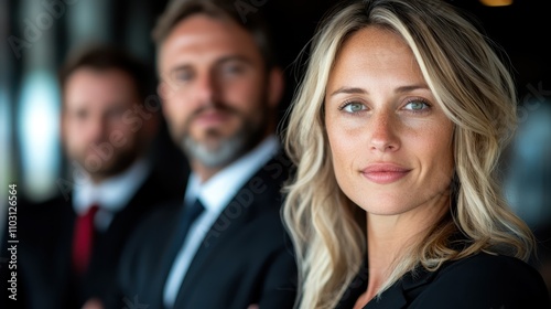 A confident, professional businesswoman in a suit stands prominently in front with her team blurred in the background, symbolizing leadership and success.