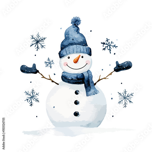 Cheerful Snowman Watercolor Illustration: Delightful watercolor illustration of a friendly snowman wearing a blue hat and scarf, surrounded by snowflakes.  Perfect for winter holidays.