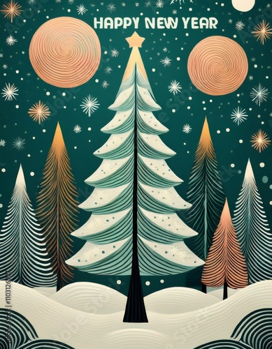 Snow covered stylized christmas trees under a turquoise night sky with big stylized planets and snowflakes, wishing a happy new year photo