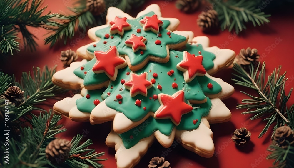 Un árbol de Navidad hecho de galletas en forma de estrella con adornos rojos y verdes, rodeado de ramas de pino Un árbol de Navidad hecho de galletas en forma de estrella con adornos rojos y verdes, rodeado de ramas de pino