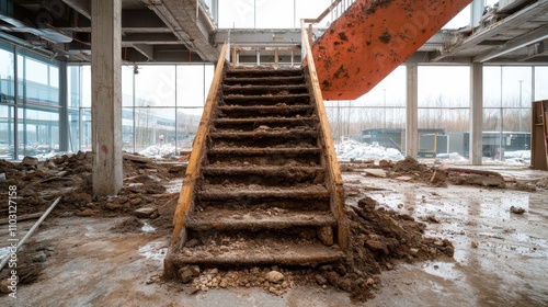 A set of stairs at a construction site covered in mud, leading to upper levels, with an orange railing. The area is messy with construction materials scattered. photo