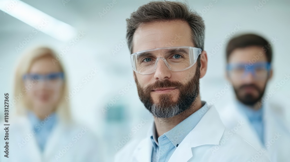 Collaborative research team portraits in a professional laboratory environment Collaborative research team portraits in a professional laboratory environment