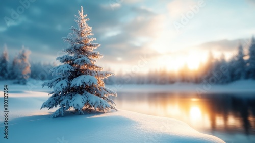 A snow-topped pine tree stands by a tranquil lake as the sun sets, bathing the serene winter landscape in a soft, warm light, evoking peace and beauty. photo