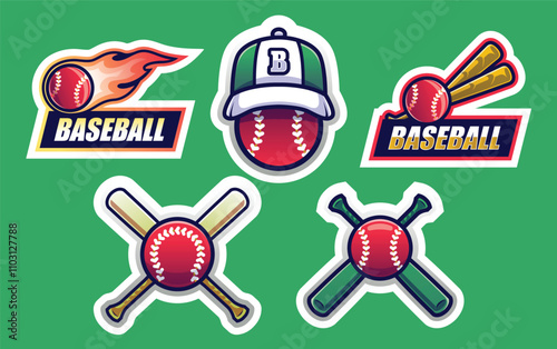 Pack of Five Baseball Stickers. Sport and Competition Illustration Theme.