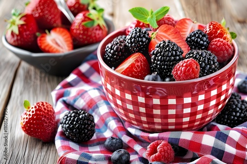A vibrant bowl of mixed berries, showcasing strawberries, blackberries, and raspberries.