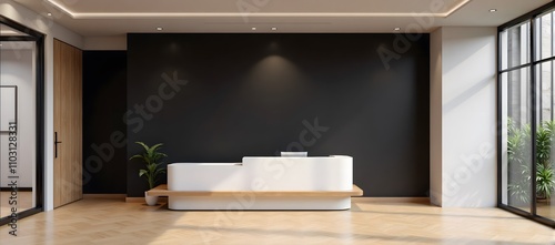 Modern minimalist office reception with black wall and wooden floor