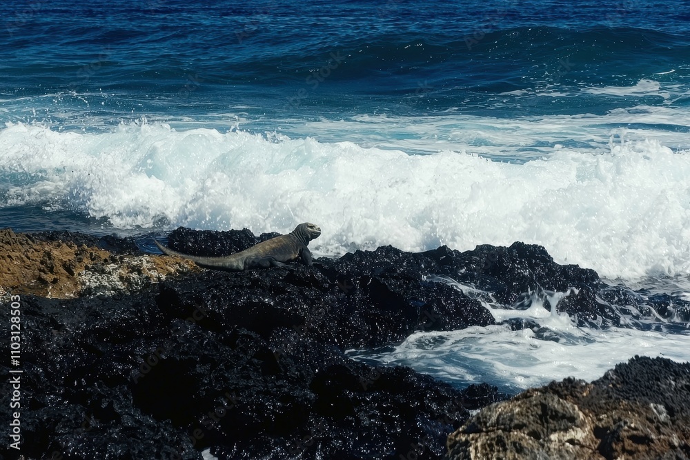 Marine Iguana Basking: A marine iguana lying on black volcanic rocks