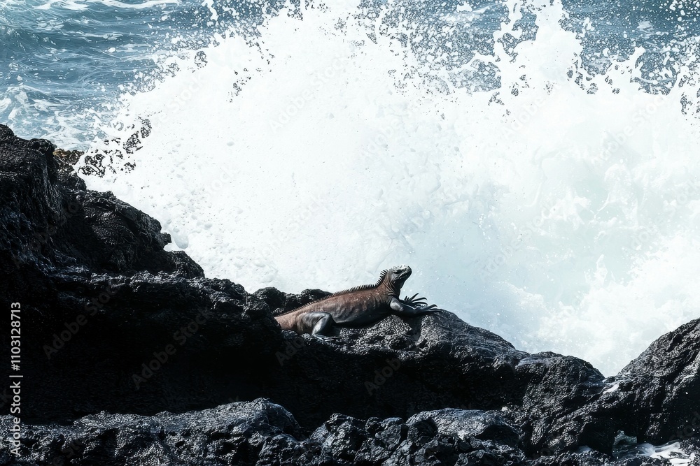 Marine Iguana Basking: A marine iguana lying on black volcanic rocks Marine Iguana Basking: A marine iguana lying on black volcanic rocks