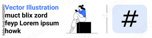 Woman sitting on block, reading smartphone. Large metadata tag icon to the right. Ideal for social media, connectivity, technology, communication, modern life, content creation online engagement