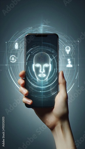 A hand holding a smartphone displaying a holographic face recognition graphic photo