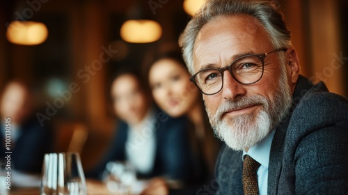 A well-dressed senior businessman smiling warmly during a professional meeting, embodying confidence and experience in an elegant setting.