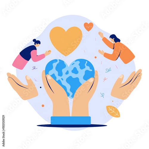 Support concept flat illustration. Volunteers with donation jar, heart symbols, and helping hand. Charity campaign for social awareness and community generosity.