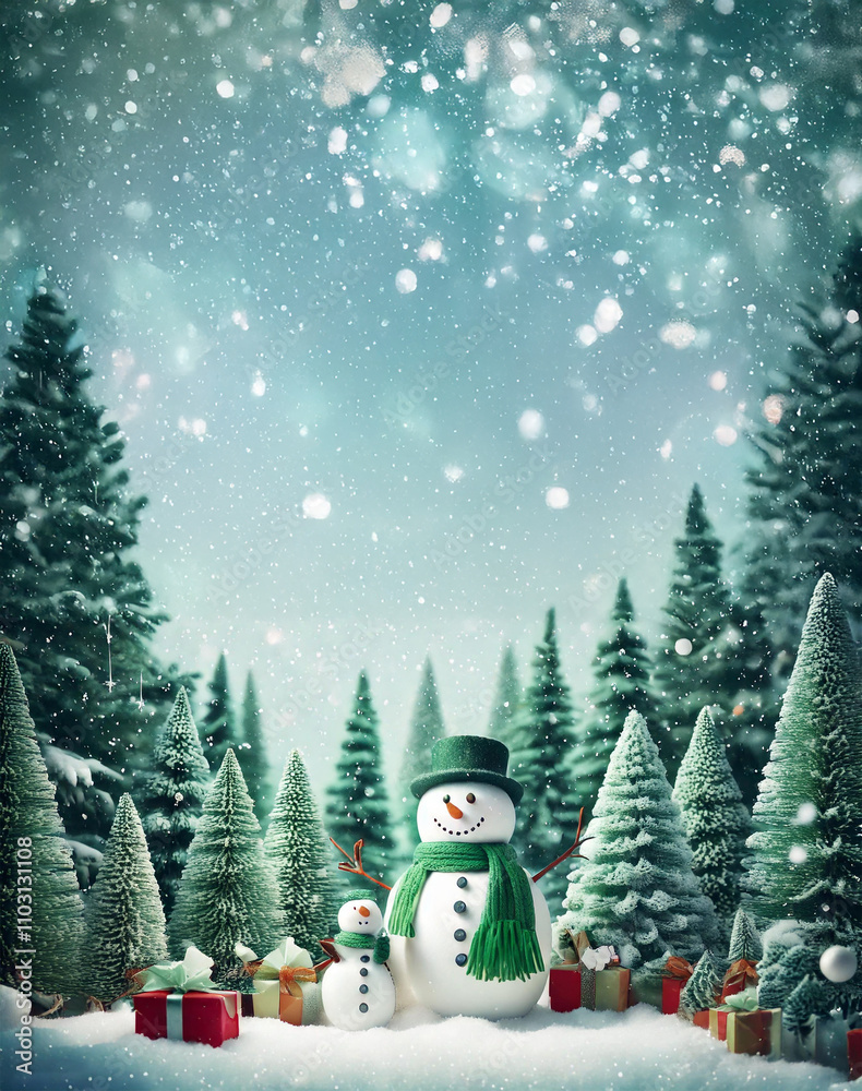 Fototapeta premium Snowman with Christmas tree and snow. Xmas background.