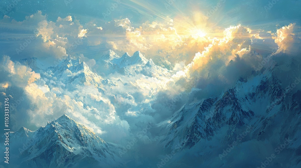 Majestic sunrise over snow-capped mountains nature landscape cloudy sky peaceful viewpoint Majestic sunrise over snow-capped mountains nature landscape cloudy sky peaceful viewpoint